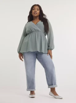 SIMPLY BE Georgette Elasticated Waist V Neck Blouse 12 -Simply Be Shop tuc143589385 Green R Z001A