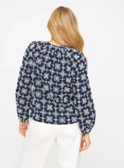 Navy Embroidered Keyhole Blouse 18