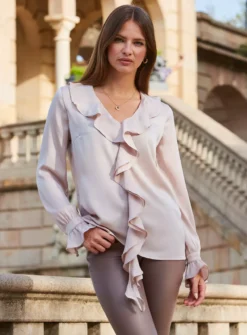 SOSANDAR Satin Ruffle Front Blouse 20 -Simply Be Shop tuc144028424 Cream R Z004A